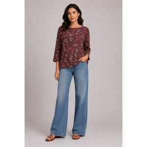 Loft Outlet Medium Burgundy Floral Paisley 3/4 Sleeve‎ Slub Knit Boat Neck Top